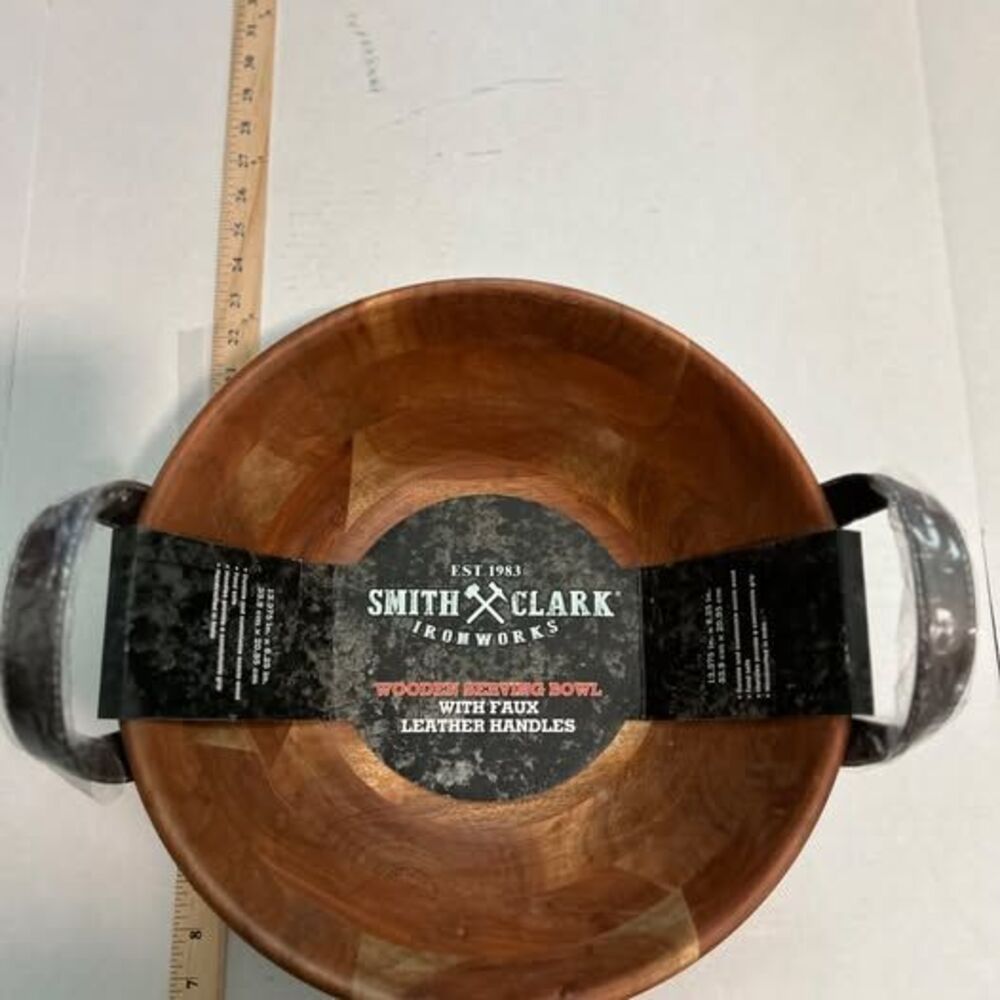 smith and clark ironworks wooden serving bowl with faux leather handles